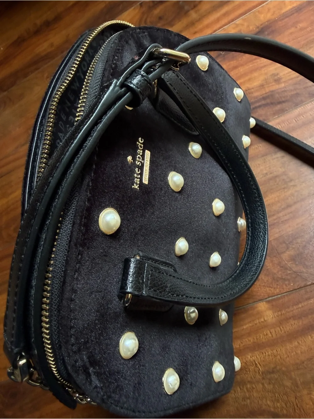 kate spade Black Pearl-Embellished Velvet Dome Satchel